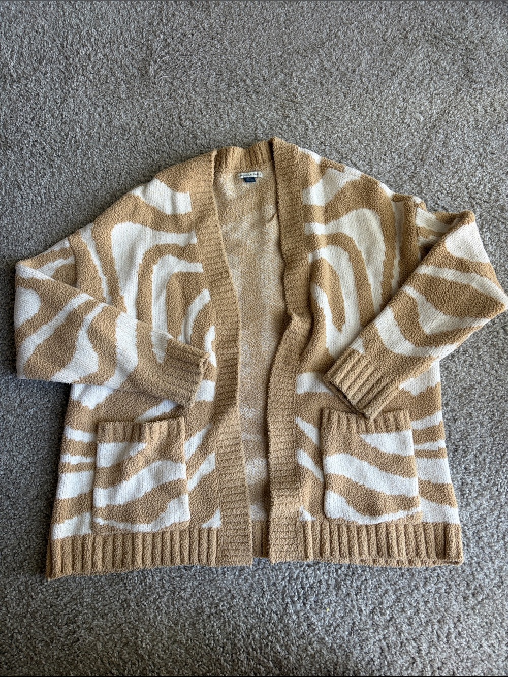 American Eagle Cozy Tan and Cream Zebra-Print Open Cardigan Sweater